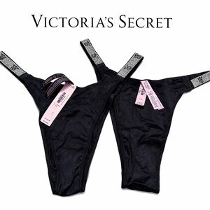Victoria's Secret Black Logo Strap Thongs